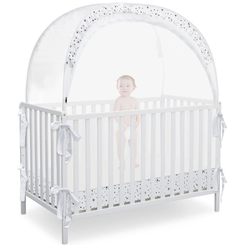 L RUNNZER Baby Pop Up Crib Tent, Crib Net to Keep Baby from Climbing Out, Crib Canopy Cover Against Falling and Bites, Strong Frame & Soft Breathable Mesh, White+stars - Image 1